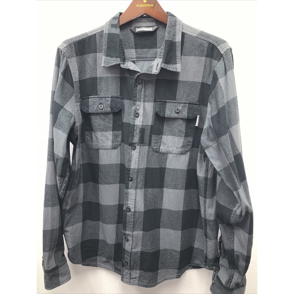 Hoonigan Ken Block H Icon Flannel‎ Long Sleeve Button Shirt Black Gray Large